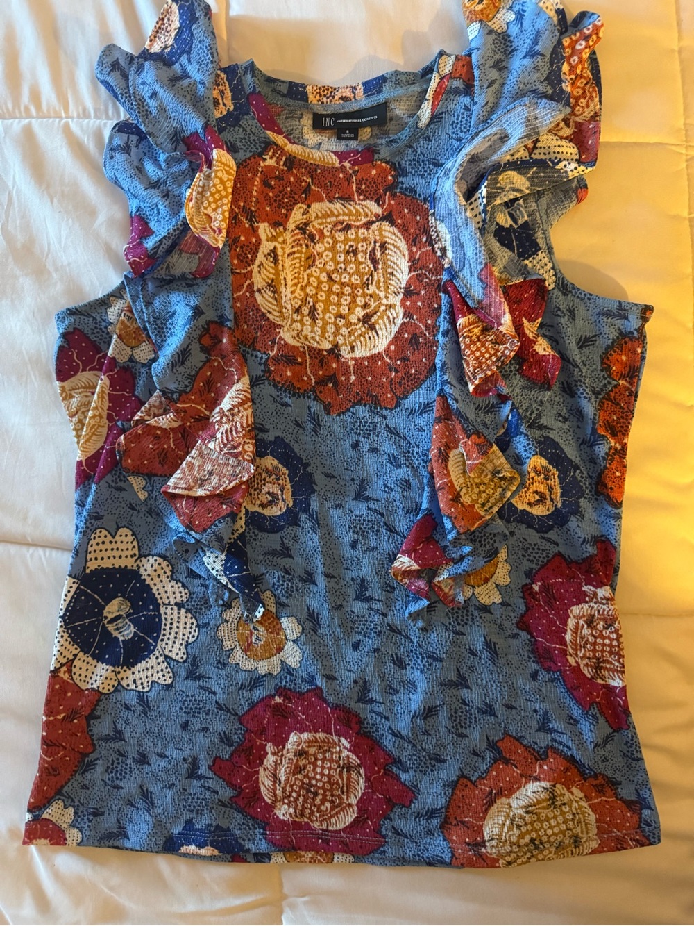 INC International Concepts Blue Floral Ruffle Sleeveless Top